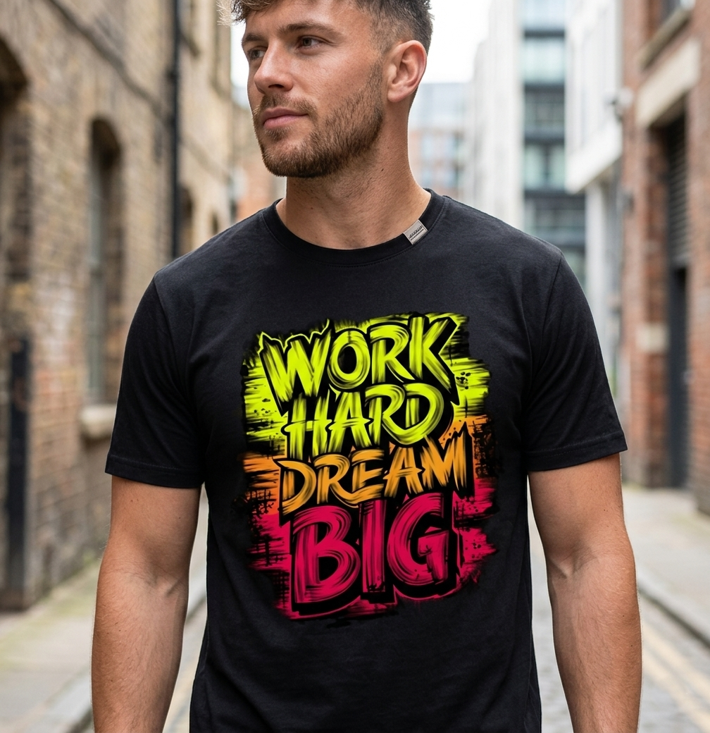 Urban Streetwear "Work Hard Dream Big" Neon Graphic Tee
