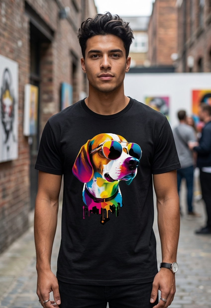 Cool Beagle Aviator Sunglasses Graphic Tee – Colorful Drip Art T-Shirt