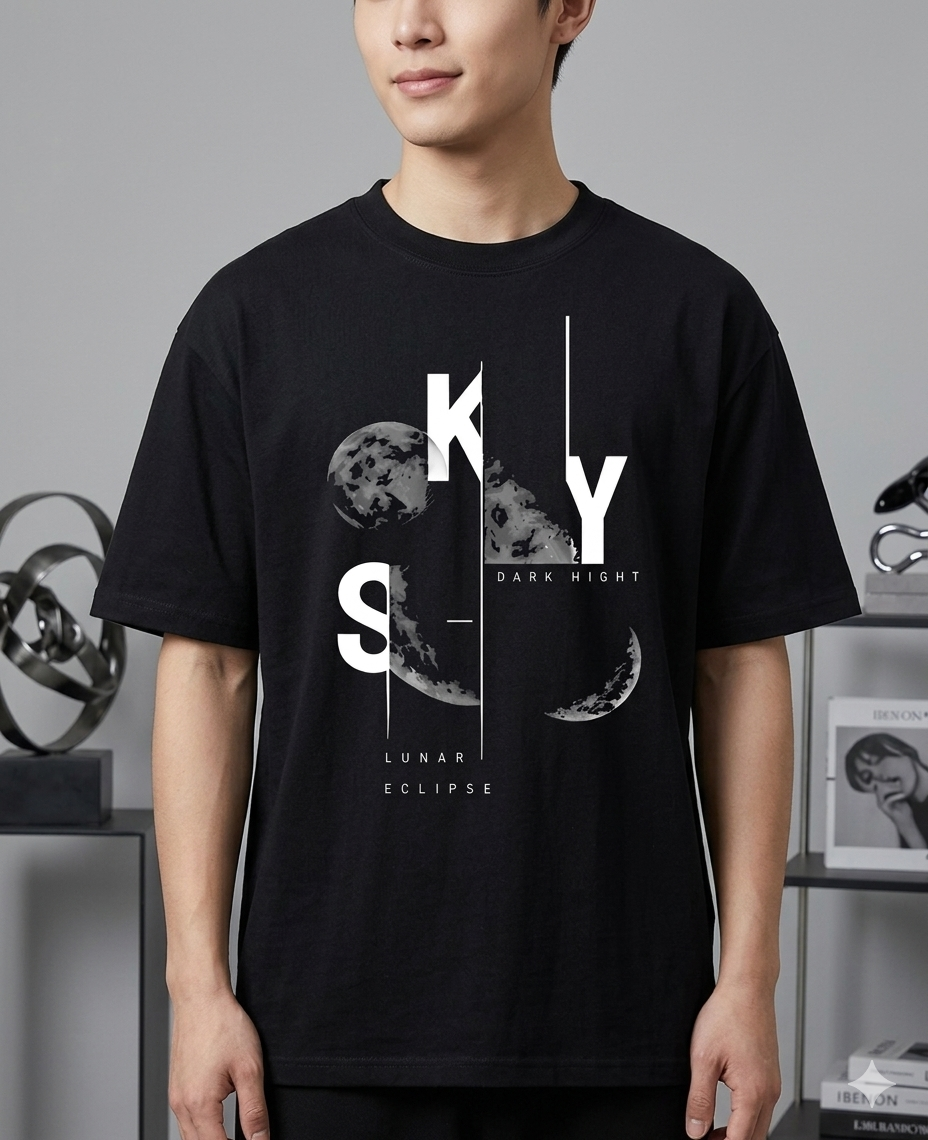 Modern Minimalist: Sky & Lunar Phases Graphic T-Shirt (180 GSM)