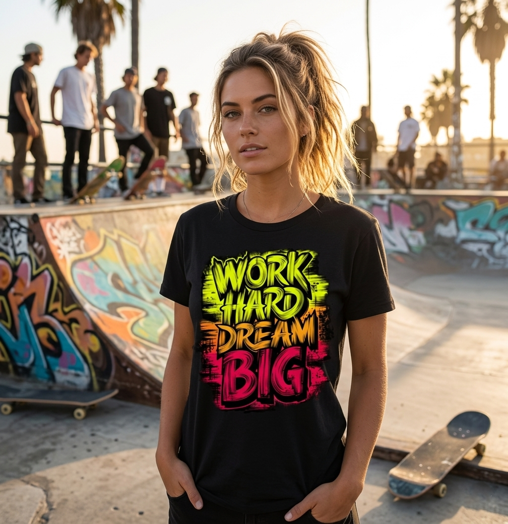Urban Streetwear "Work Hard Dream Big" Neon Graphic Tee